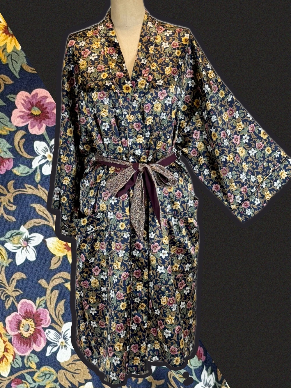 VINTAGE flower blossom silky wrap robe midi kimono wide sleeve floral moody 90s